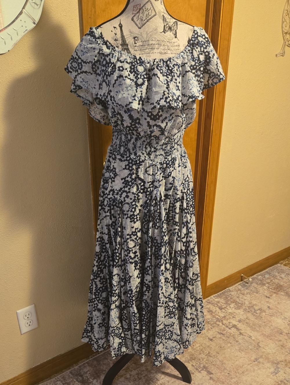 Chelsea & Theodore Navy and White Off-Shoulder Ruffle Full Skirt Maxi Dress